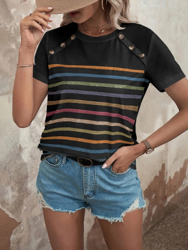 Women's Stripe Print Button Short Sleeve Casual Top - THE QUEEN RUNWAY