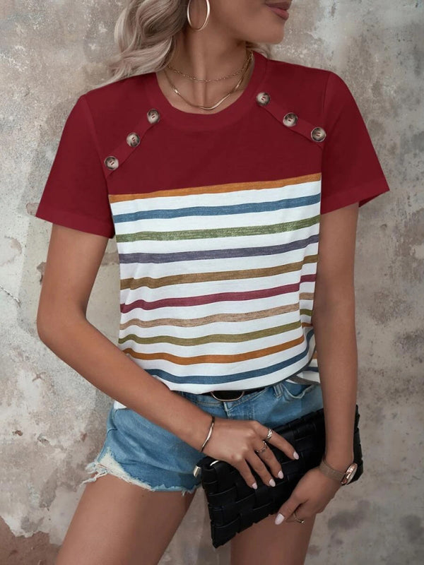 Women's Stripe Print Button Short Sleeve Casual Top - THE QUEEN RUNWAY