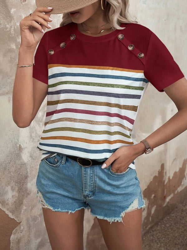 Women's Stripe Print Button Short Sleeve Casual Top - THE QUEEN RUNWAY