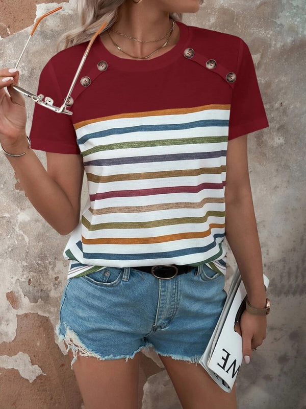 Women's Stripe Print Button Short Sleeve Casual Top - THE QUEEN RUNWAY