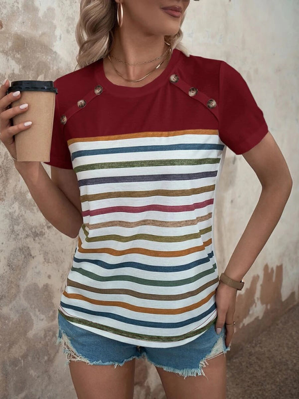 Women's Stripe Print Button Short Sleeve Casual Top - THE QUEEN RUNWAY