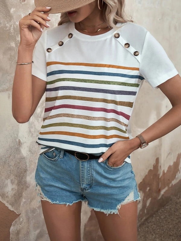 Women's Stripe Print Button Short Sleeve Casual Top - THE QUEEN RUNWAY