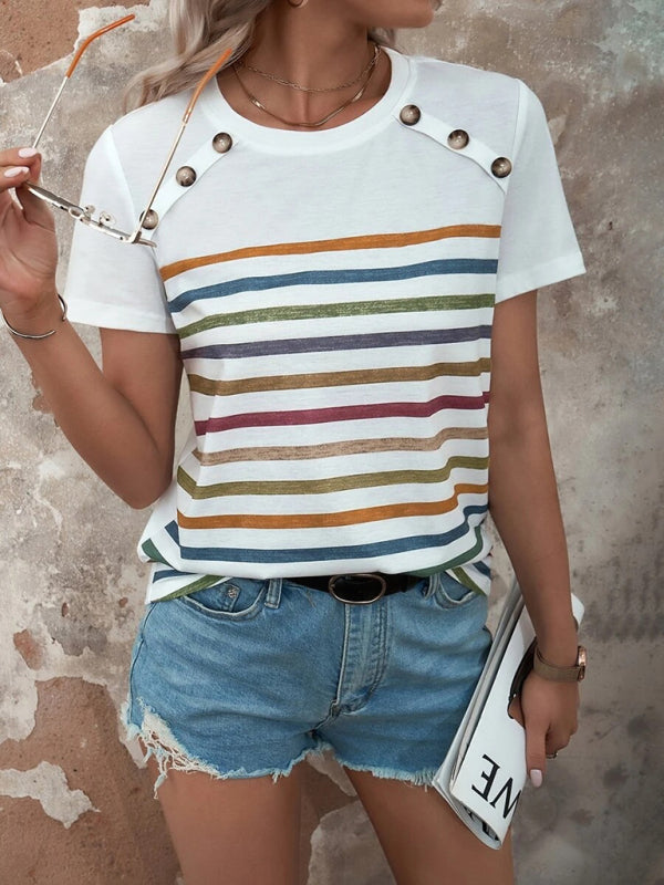 Women's Stripe Print Button Short Sleeve Casual Top - THE QUEEN RUNWAY