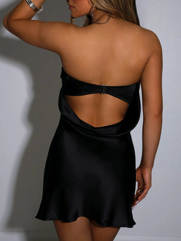New sexy one word collar solid color tube top sleeveless bare backpack hip skirt - THE QUEEN RUNWAY