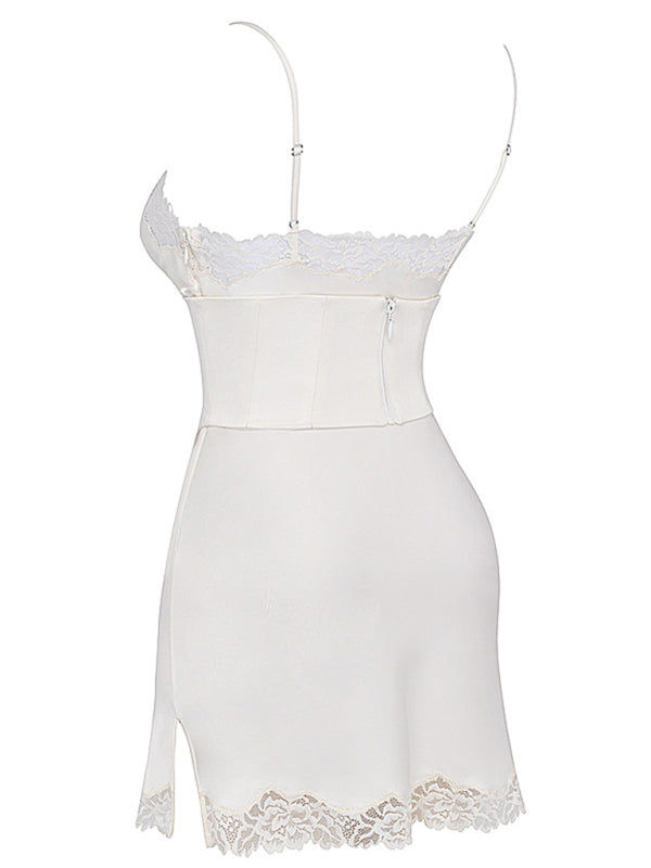 Sexy satin lace stitching V-neck strapless backless dress - THE QUEEN RUNWAY