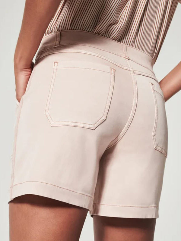 New fashion all-match women's high elastic twill large pocket solid color casual shorts - THE QUEEN RUNWAY