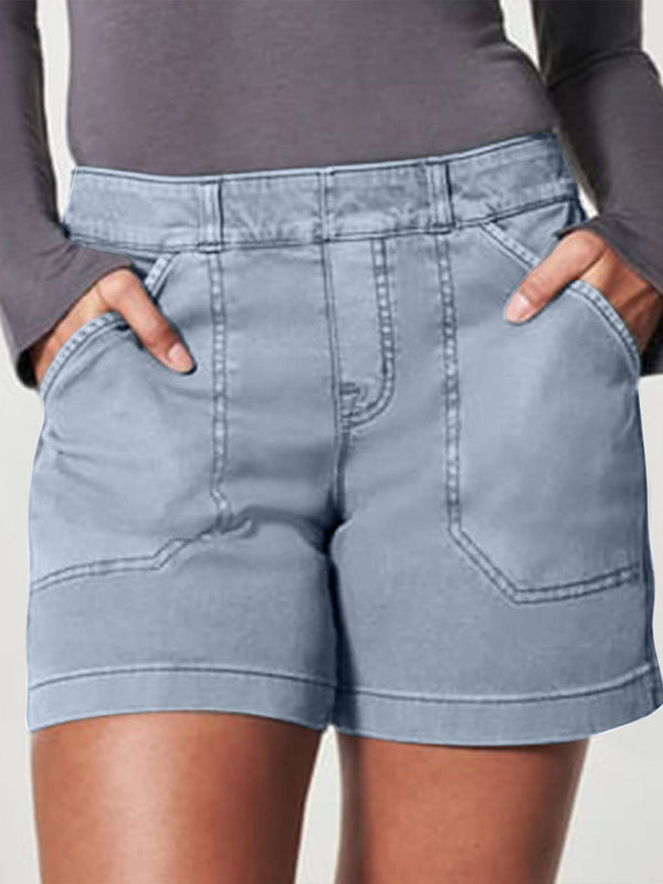 New fashion all-match women's high elastic twill large pocket solid color casual shorts - THE QUEEN RUNWAY