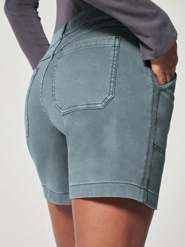 New fashion all-match women's high elastic twill large pocket solid color casual shorts - THE QUEEN RUNWAY
