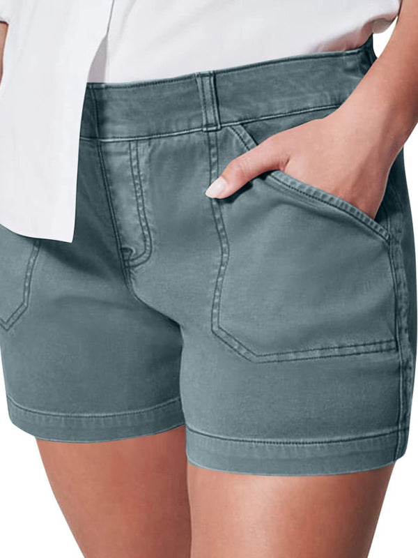 New fashion all-match women's high elastic twill large pocket solid color casual shorts - THE QUEEN RUNWAY