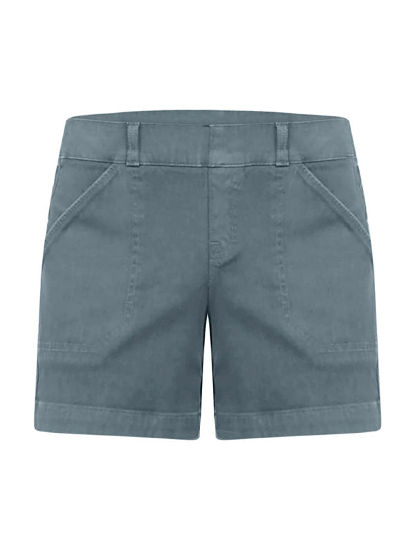 New fashion all-match women's high elastic twill large pocket solid color casual shorts - THE QUEEN RUNWAY