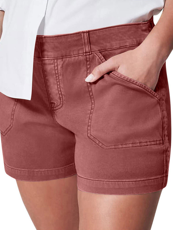 New fashion all-match women's high elastic twill large pocket solid color casual shorts - THE QUEEN RUNWAY