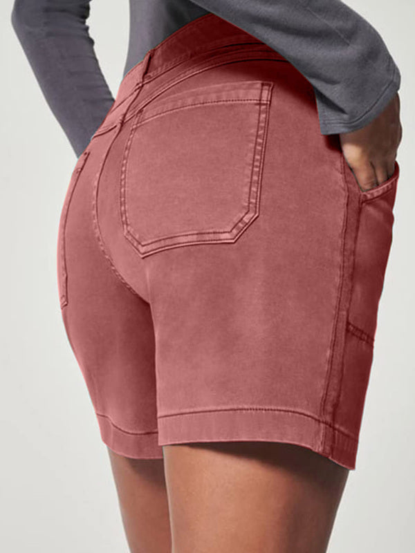 New fashion all-match women's high elastic twill large pocket solid color casual shorts - THE QUEEN RUNWAY