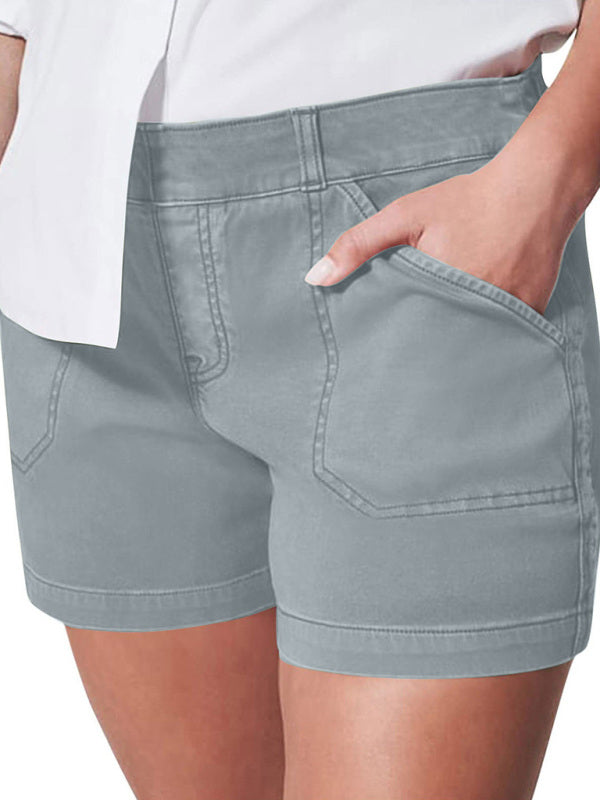 New fashion all-match women's high elastic twill large pocket solid color casual shorts - THE QUEEN RUNWAY