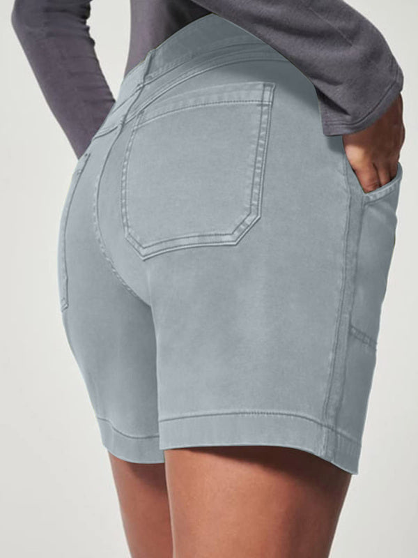 New fashion all-match women's high elastic twill large pocket solid color casual shorts - THE QUEEN RUNWAY