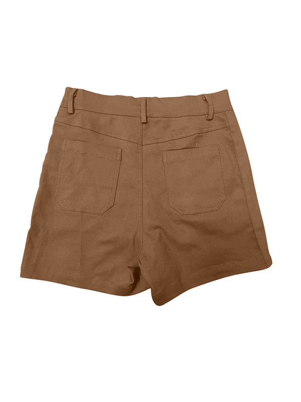 New fashion all-match women's high elastic twill large pocket solid color casual shorts - THE QUEEN RUNWAY