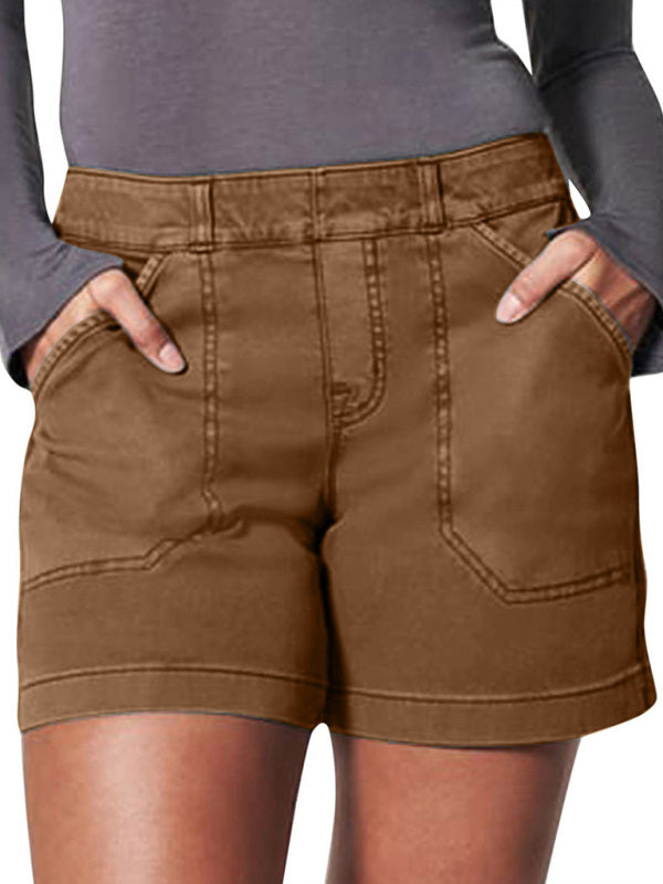 New fashion all-match women's high elastic twill large pocket solid color casual shorts - THE QUEEN RUNWAY