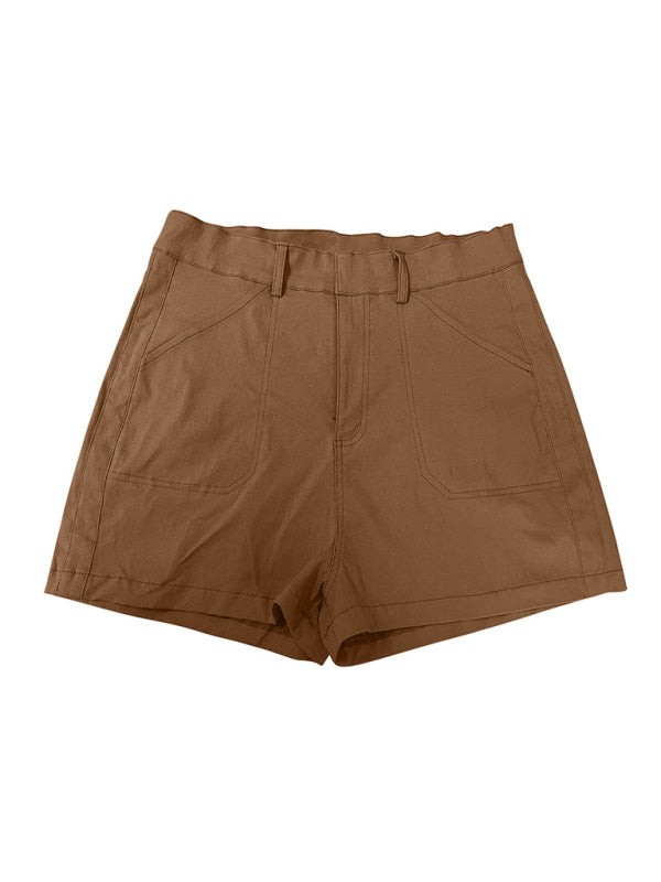New fashion all-match women's high elastic twill large pocket solid color casual shorts - THE QUEEN RUNWAY