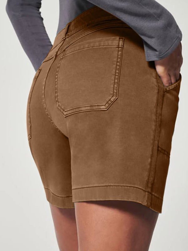 New fashion all-match women's high elastic twill large pocket solid color casual shorts - THE QUEEN RUNWAY