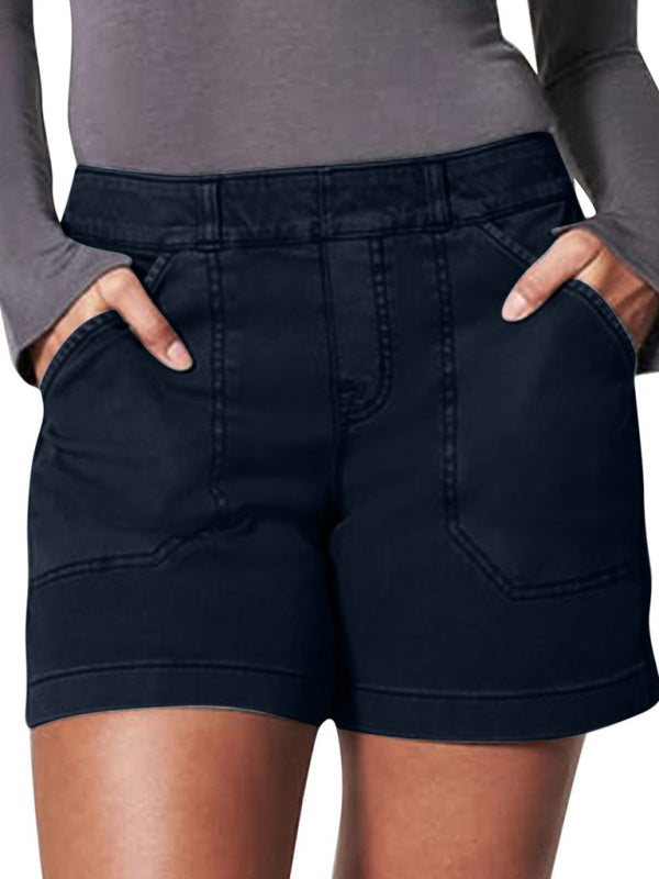 New fashion all-match women's high elastic twill large pocket solid color casual shorts - THE QUEEN RUNWAY