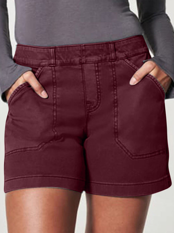 New fashion all-match women's high elastic twill large pocket solid color casual shorts - THE QUEEN RUNWAY