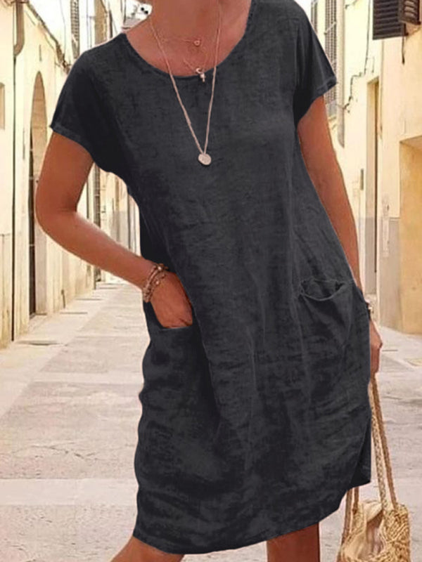 New Loose Solid Color Pocket Short Sleeve Round Neck Cotton Linen Dress - THE QUEEN RUNWAY
