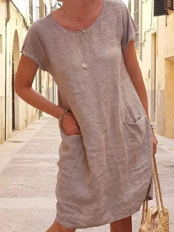 New Loose Solid Color Pocket Short Sleeve Round Neck Cotton Linen Dress - THE QUEEN RUNWAY