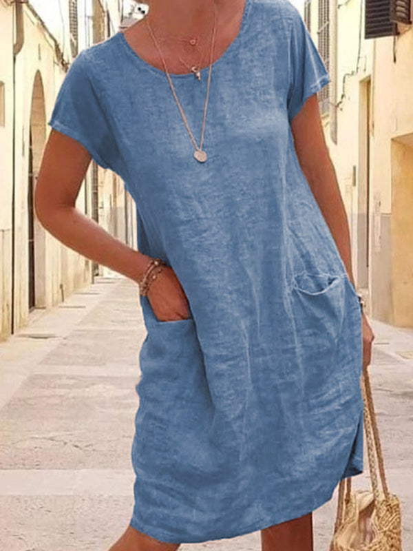 New Loose Solid Color Pocket Short Sleeve Round Neck Cotton Linen Dress - THE QUEEN RUNWAY