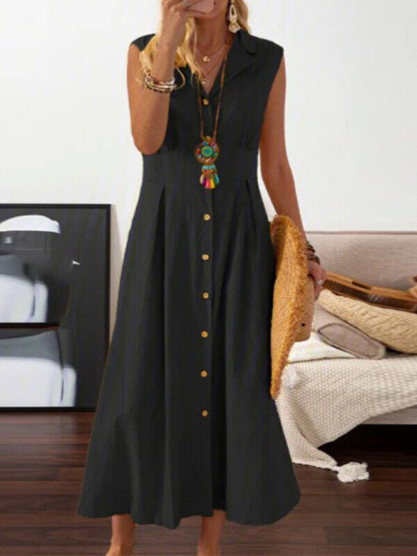 Women's casual lapel collar sleeveless cotton and linen mid-length dress - THE QUEEN RUNWAY