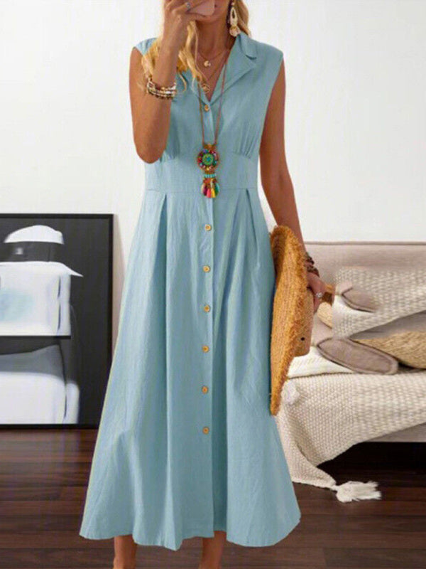 Women's casual lapel collar sleeveless cotton and linen mid-length dress - THE QUEEN RUNWAY