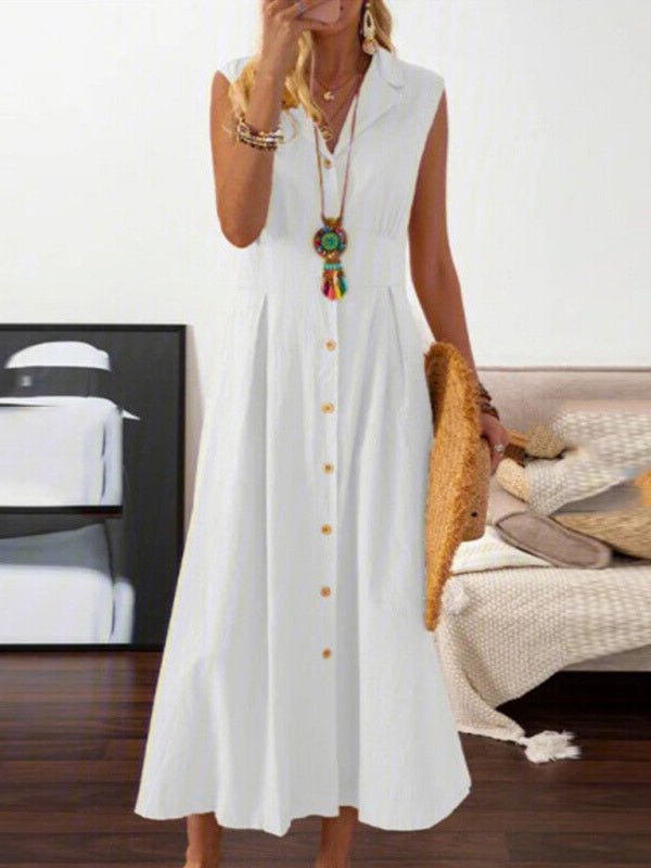 Women's casual lapel collar sleeveless cotton and linen mid-length dress - THE QUEEN RUNWAY