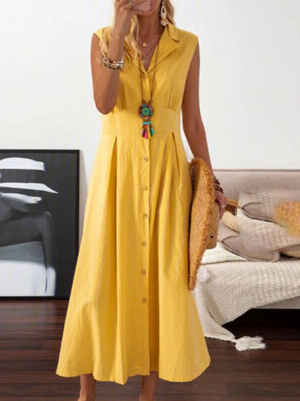 Women's casual lapel collar sleeveless cotton and linen mid-length dress - THE QUEEN RUNWAY