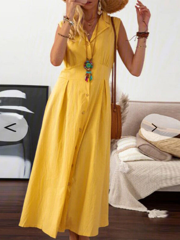 Women's casual lapel collar sleeveless cotton and linen mid-length dress - THE QUEEN RUNWAY