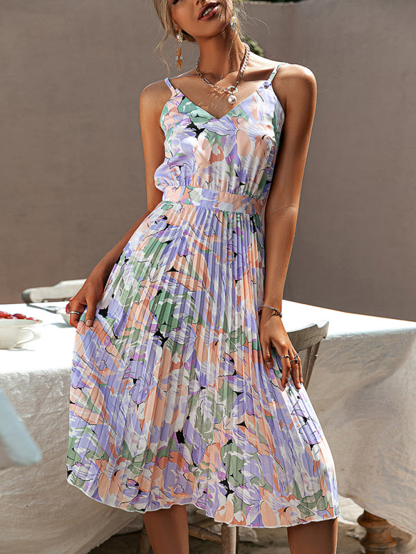 Women's Floral Print Strap V-Neck Pleated Dress - THE QUEEN RUNWAY