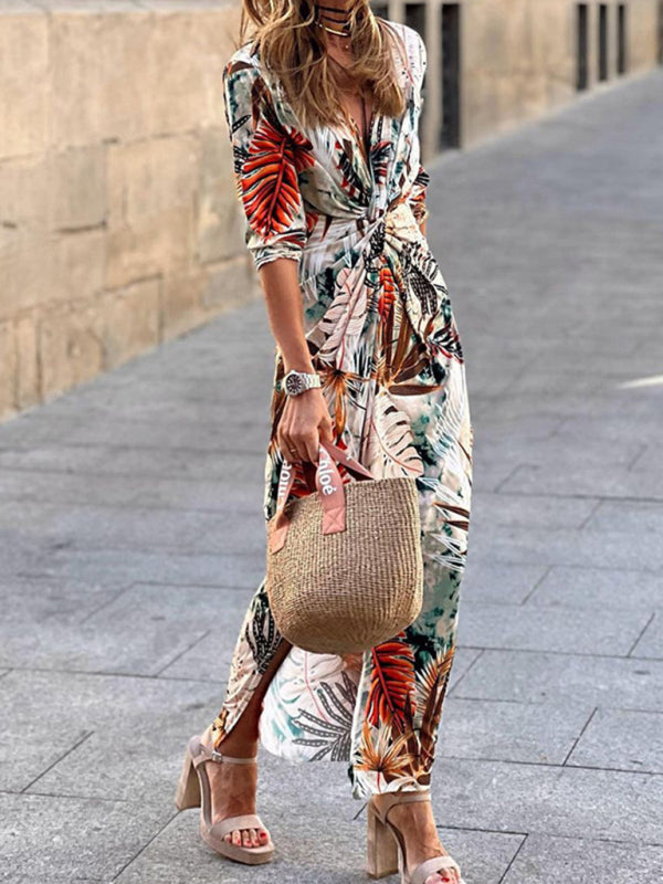 Women's Leaf Print Kink V-Neck Dress - THE QUEEN RUNWAY