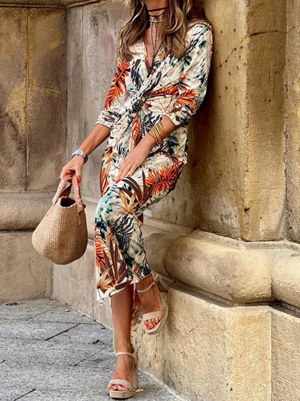 Women's Leaf Print Kink V-Neck Dress - THE QUEEN RUNWAY