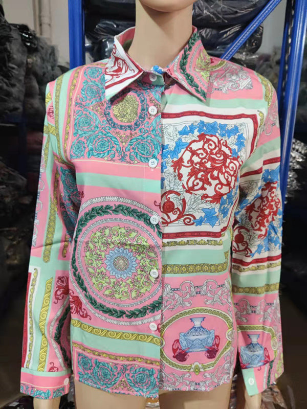 Women's Fashion Printed Long Sleeve Lapel Shirt - THE QUEEN RUNWAY