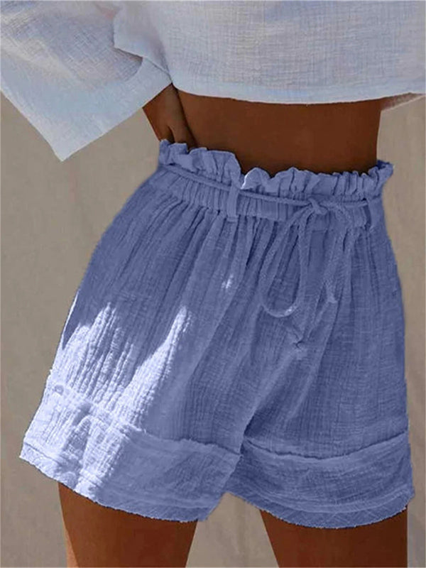 Solid Loose Pleated Elastic Waist High Waist Cotton Linen Shorts Hot Pants - THE QUEEN RUNWAY