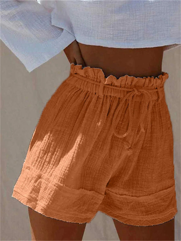 Solid Loose Pleated Elastic Waist High Waist Cotton Linen Shorts Hot Pants - THE QUEEN RUNWAY