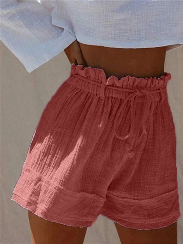 Solid Loose Pleated Elastic Waist High Waist Cotton Linen Shorts Hot Pants - THE QUEEN RUNWAY