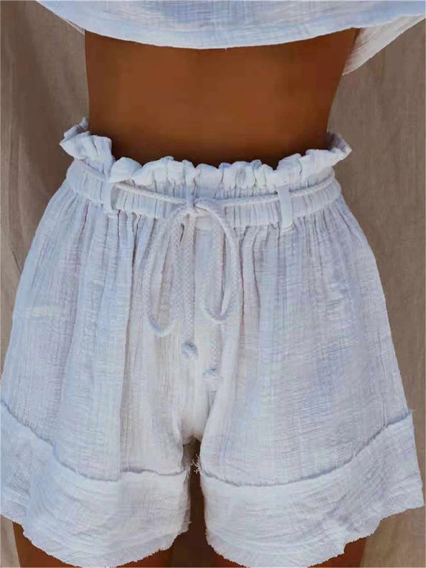 Solid Loose Pleated Elastic Waist High Waist Cotton Linen Shorts Hot Pants - THE QUEEN RUNWAY