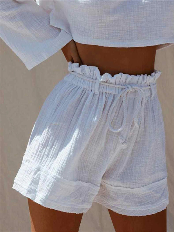 Solid Loose Pleated Elastic Waist High Waist Cotton Linen Shorts Hot Pants - THE QUEEN RUNWAY
