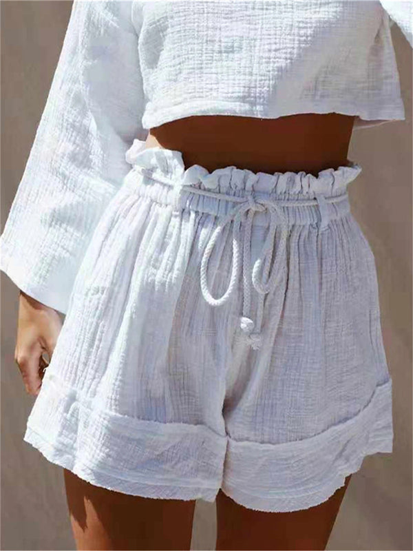 Solid Loose Pleated Elastic Waist High Waist Cotton Linen Shorts Hot Pants - THE QUEEN RUNWAY