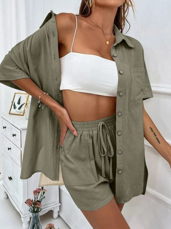 Loose-fit short-sleeve single-breasted shorts Two-piece solid-color shirt set - THE QUEEN RUNWAY