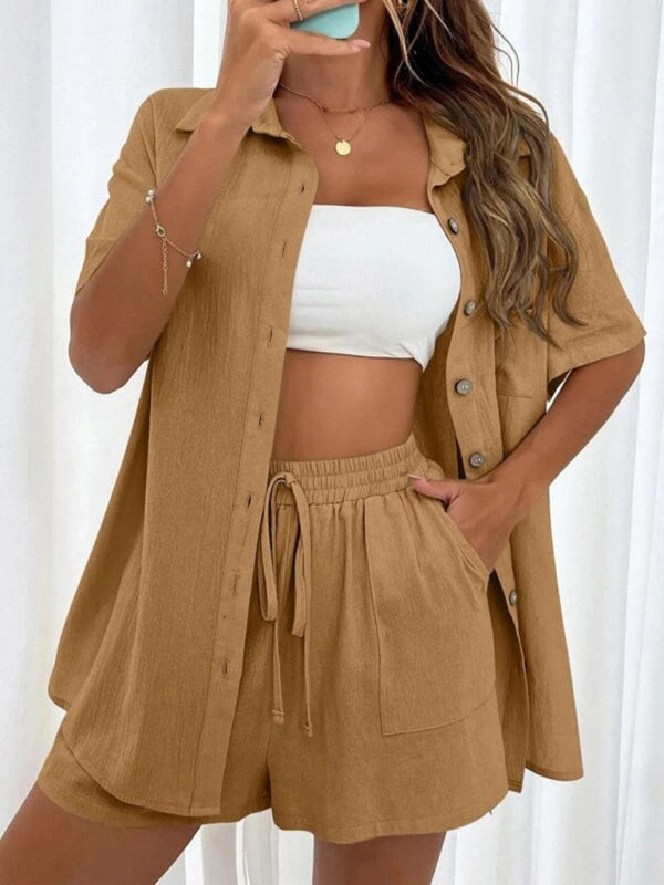 Loose-fit short-sleeve single-breasted shorts Two-piece solid-color shirt set - THE QUEEN RUNWAY