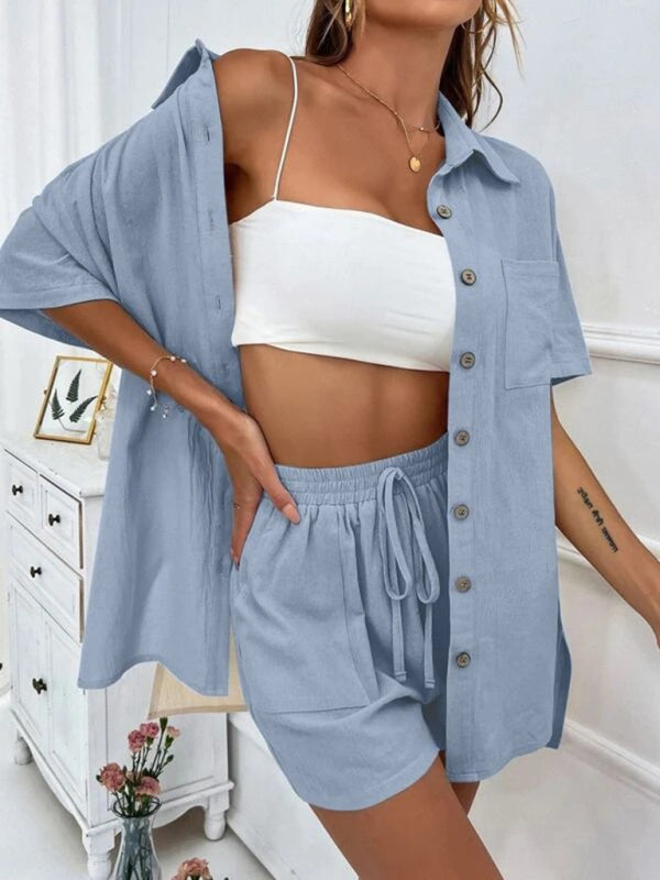 Loose-fit short-sleeve single-breasted shorts Two-piece solid-color shirt set - THE QUEEN RUNWAY