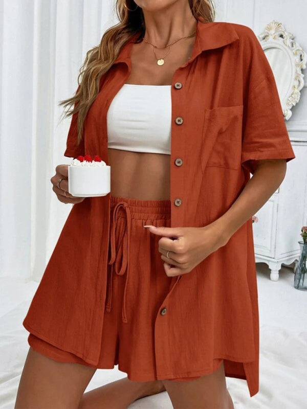 Loose-fit short-sleeve single-breasted shorts Two-piece solid-color shirt set - THE QUEEN RUNWAY