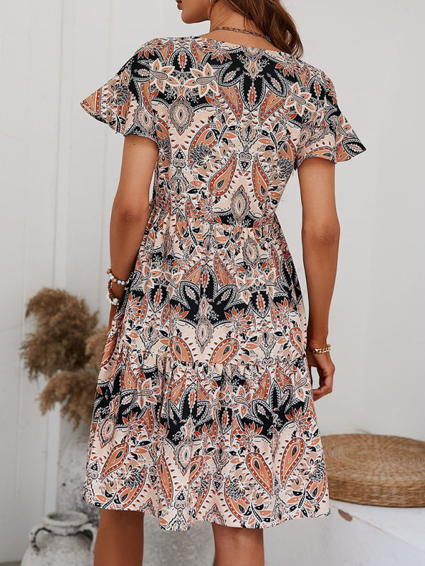 Women's Woven V Neck Loose Paisley Print Dress - THE QUEEN RUNWAY