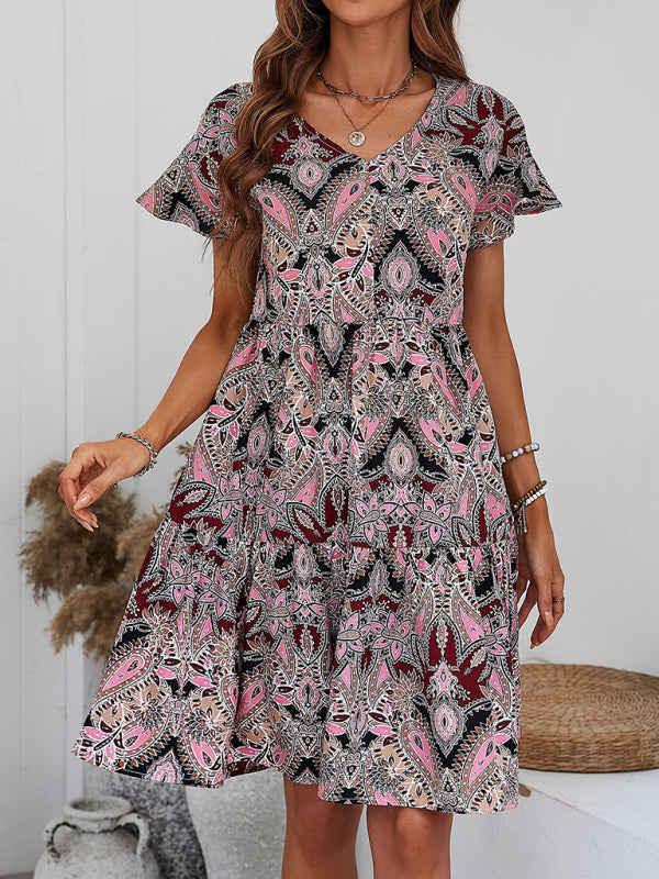 Women's Woven V Neck Loose Paisley Print Dress - THE QUEEN RUNWAY