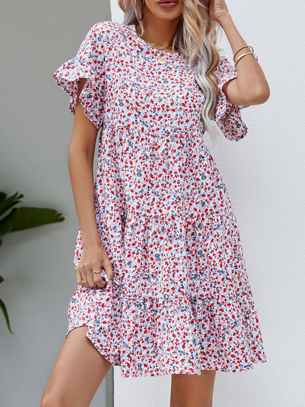 Women's Woven Printed Round Neck Ruffle Sleeve Loose Dress - THE QUEEN RUNWAY
