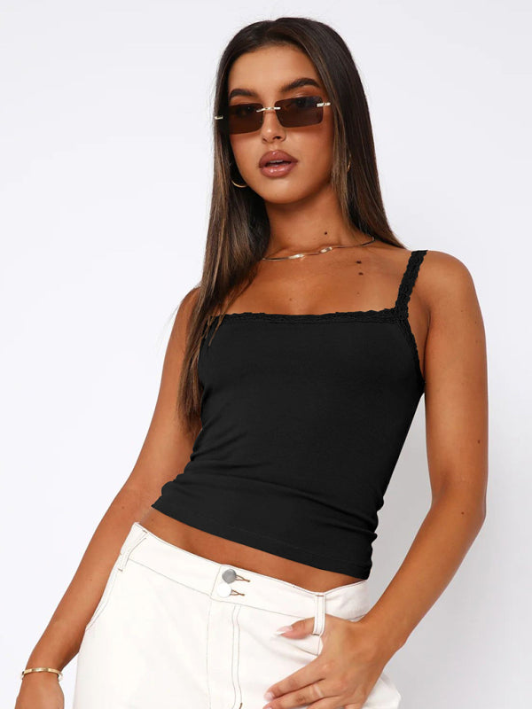 Sexy Versatile Slim Short Lace Stitching Pure Color Tank - THE QUEEN RUNWAY